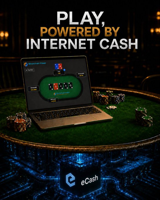 A promotional graphic with the text 'PLAY, POWERED BY INTERNET CASH' showing a laptop displaying a Blockchain Poker game interface on a poker table, with an eCash logo on a glowing blue circuit board below.