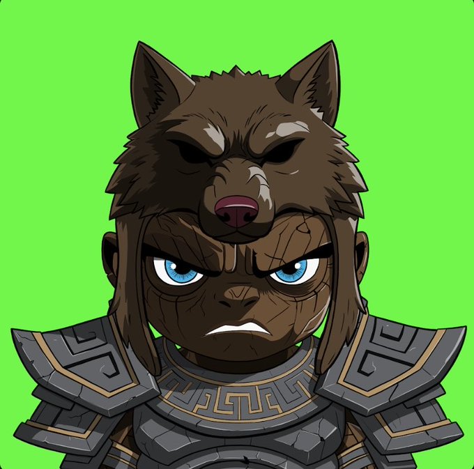 A digital illustration of a fierce warrior with striking blue eyes wearing a wolf-head headdress and ornate gray armor, set against a bright green chroma-key background.