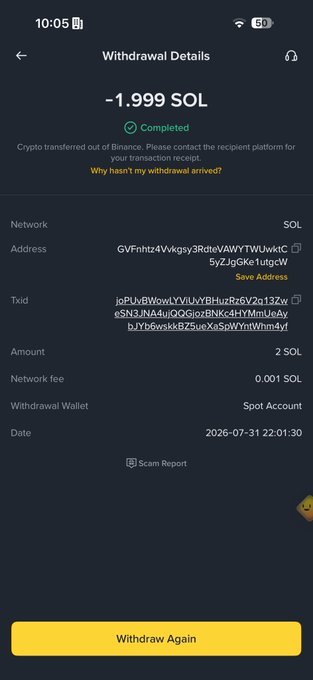 The image shows a completed Binance withdrawal of -1.999 SOL (~$2 worth) to a Solana address (GVFnhtz4Vvkgsv3RdteVAWYTWUwkicfSyZJgjKe1utgcW), supporting the post's claim of sending 2 SOL to @sekanderx.
