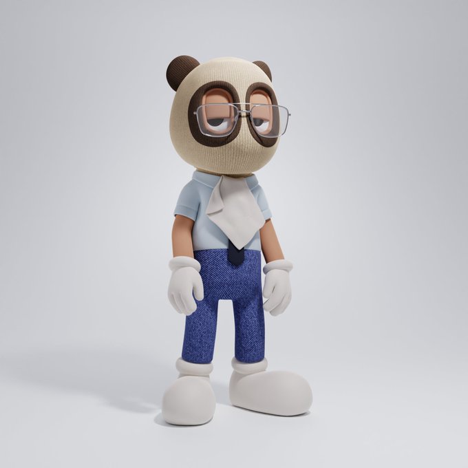 A 3D render of a stylized cartoon panda character wearing glasses, a light blue shirt with a white napkin, a black tie, white gloves, and blue jeans.