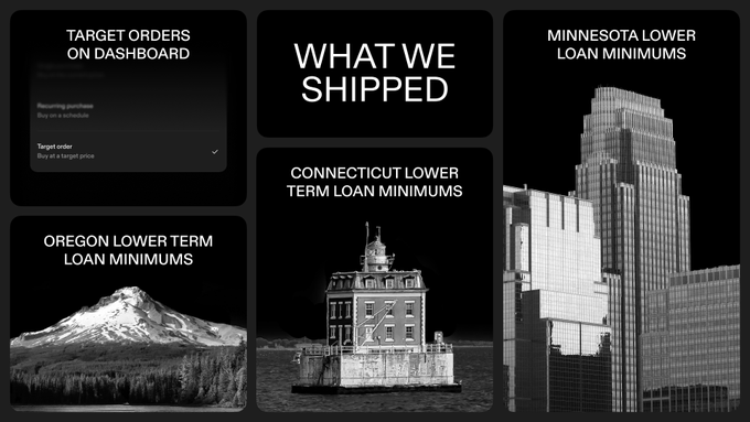 The image depicts various pictures of buildings with labels such as "MINESTAB.LOWER" and "MINESTAB.LOAN MINIMUMS", suggesting an economic or financial context. In this context, a credit card advertisement suggests that Strike is launching a new lending minimums initiative to reduce credit card interest rates for users who ship their orders on the Dashboard website within specific target periods. The image shows how these changes have affected several states' banking regulations.