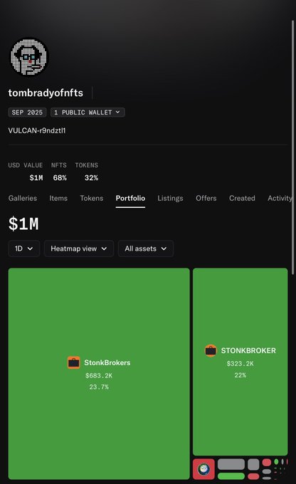 A screenshot of a digital wallet interface for user 'tombraidofnfts' with a portfolio value of '$1M' showing assets like 'StonkBrokers' and 'STONKBROKER'.
