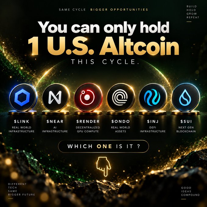 A dramatic promotional graphic displays six cryptocurrency logos (SLINK, $NEAR, $RENDER, $ONDO, $INJ, $SSUI) under the headline "You can only hold 1 U.S. Altcoin THIS CYCLE," asking "WHICH ONE IS IT?"—directly mirroring the whale watch poll presented in the accompanying post.