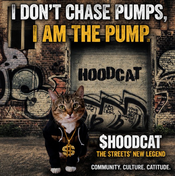 A tabby cat dressed in a black hoodie and gold "$" chain stands confidently in front of a graffiti-covered urban alleyway with "HOODCAT" spray-painted on a metal door. Bold text reads "I DON'T CHASE PUMPS, I AM THE PUMP" at the top, while "$HOODCAT - THE STREETS' NEW LEGEND - COMMUNITY. CULTURE. CATITUDE." appears below, promoting the $HOODCAT token launch as the legendary street savior referenced in the post.