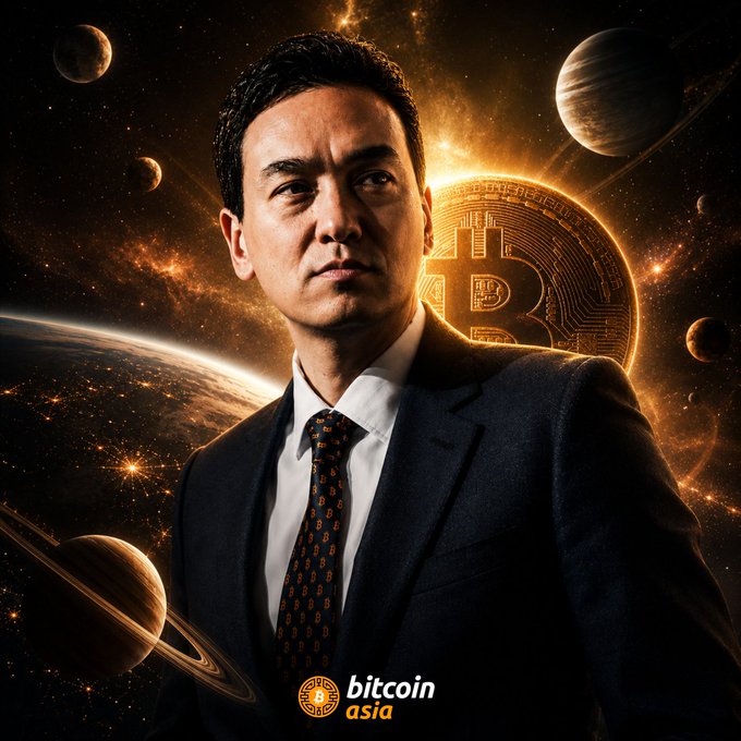 A promotional image for 'bitcoin asia' featuring a man in a suit against a cosmic background with planets, stars, and a large Bitcoin symbol.