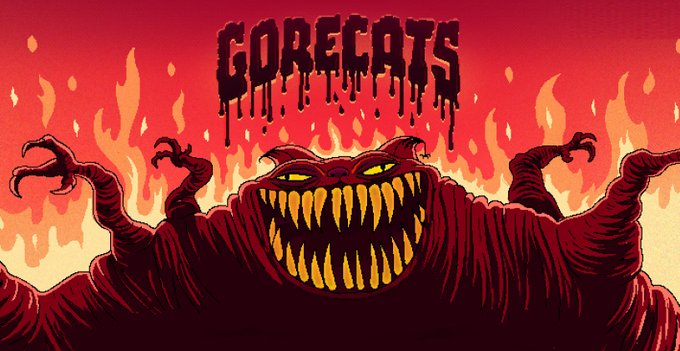 A menacing, grinning red Gorecat creature emerges from a sea of flames beneath the dripping "GORECATS" logo, visually capturing the fiery "global invasion" and multiplying expansion announced in the post.