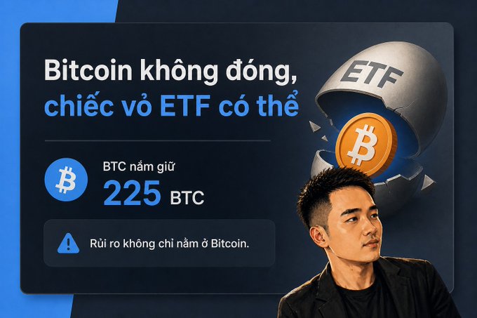 A Vietnamese-language infographic titled 'Bitcoin không động, chiếc vô ETF có thể' featuring a cracked 'ETF' egg revealing a Bitcoin, with text showing 'BTC nắm giữ 225 BTC' and 'Rủi ro không chỉ nằm ở Bitcoin,' alongside a photo of an Asian man.