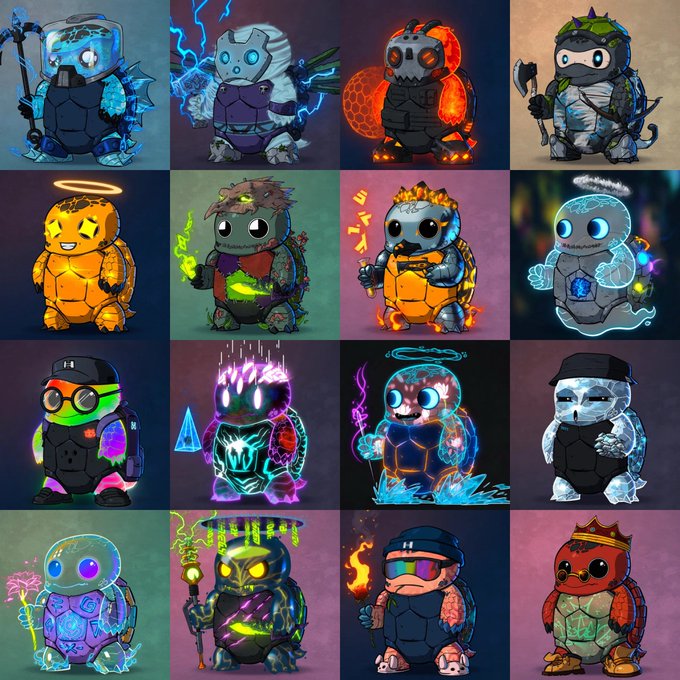 A grid of sixteen stylized cartoon turtles with various elemental powers and accessories, including ice, fire, lightning, and holographic effects, arranged in a 4x4 layout.