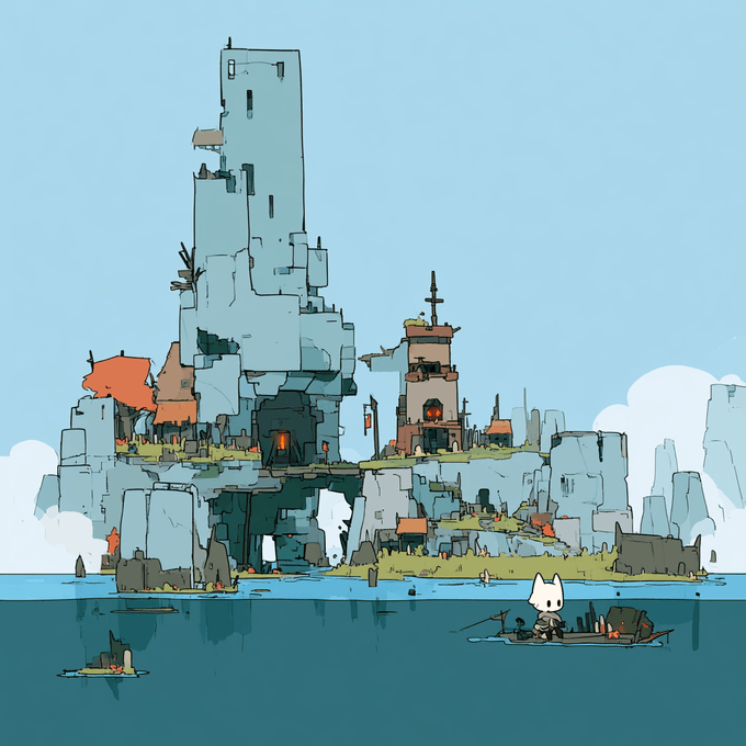 An illustrated fantasy scene shows a white, cat-like character on a small raft floating on blue water toward a tall stone island fortress with orange-roofed buildings and a lighthouse.