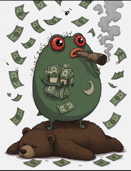 An illustration of a green, bloodshot-eyed frog smoking a cigar and clutching a stack of cash while standing on a sleeping bear, with money raining down around it.