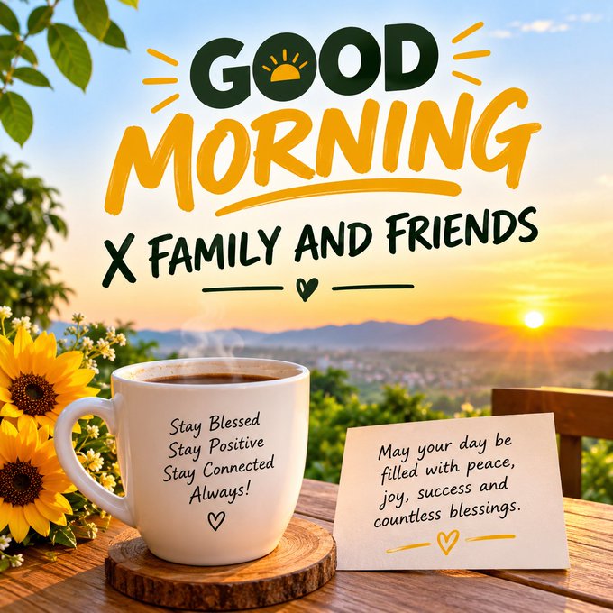 A cheerful 'GOOD MORNING X FAMILY AND FRIENDS' graphic displays a coffee mug with the text 'Stay Blessed Stay Positive Stay Connected Always!' alongside a note reading 'May your day be filled with peace, joy, success and countless blessings.'