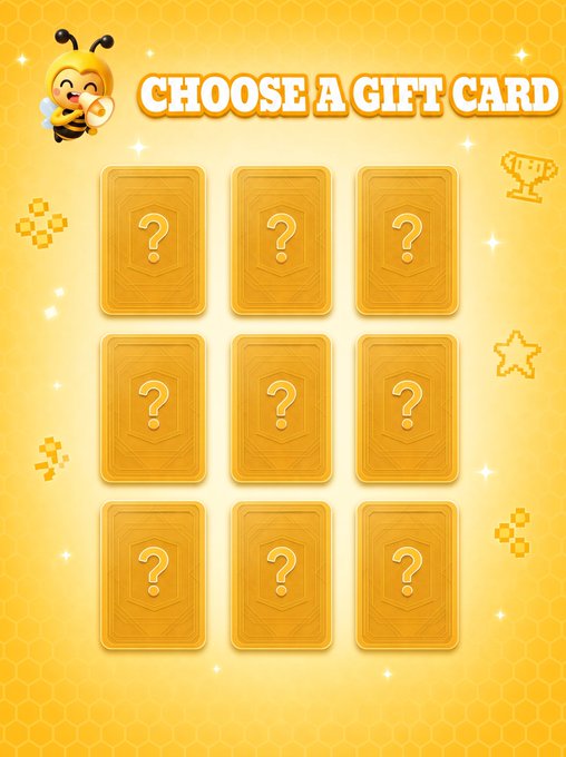 The image shows a yellow honeycomb-themed "Choose A Gift Card" screen featuring nine face-down cards with question marks, numbered 1-9 in a 3x3 grid, accompanied by a cheerful cartoon bee mascot. The playful selection interface directly invites users to pick one of nine mystery gift cards, matching the post's call to action where followers save their card choice before the rewards go live.