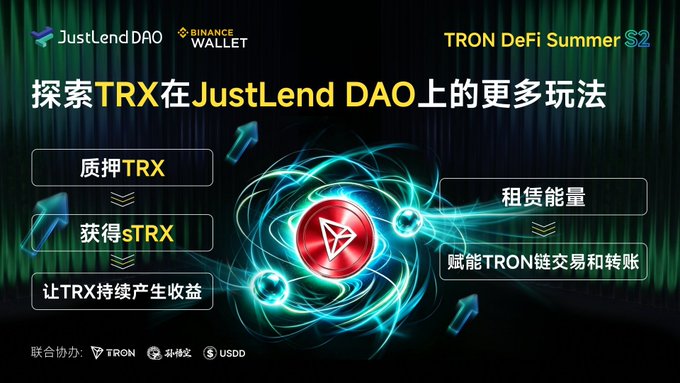 A 'TRON DeFi Summer S2' promotional banner for JustLend DAO and Binance Wallet, featuring Chinese text explaining how to stake TRX for sTRX and rent energy to empower TRON transactions.