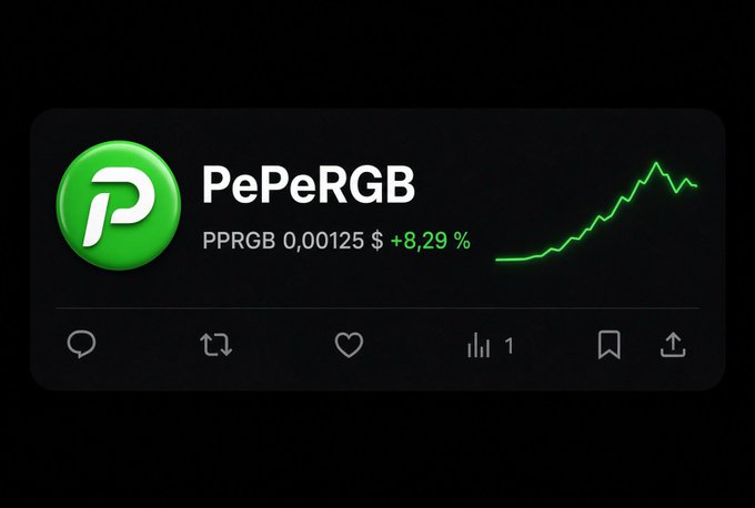 A cryptocurrency widget displaying 'PePeRGB' with ticker 'PPRGB' priced at 0.00125 $, up 8.29%, featuring a green upward trend line.