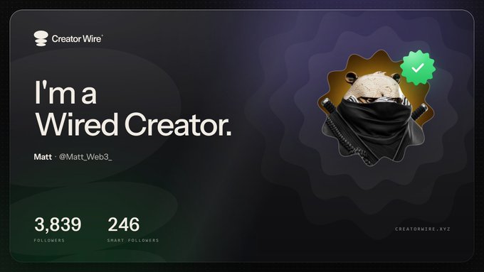A 'Creator Wire' badge graphic reading 'I'm a Wired Creator' by Matt @Matt_Web3_, showing 3,839 followers and 246 smart followers, with a panda character in a bandana.