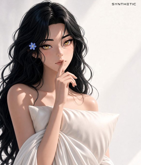 An anime-style digital illustration of a woman with long black hair, golden eyes, and a small blue flower in her hair, with 'SYNTHETIC' text in the upper right corner.
