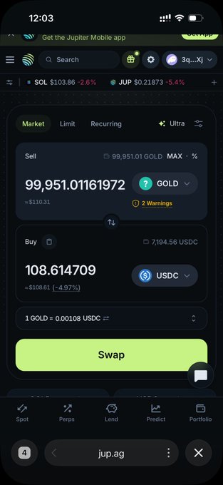 A screenshot of the Jupiter Mobile app shows a swap transaction selling 99,951 GOLD for 108.61 USDC, with a '2 Warnings' alert.