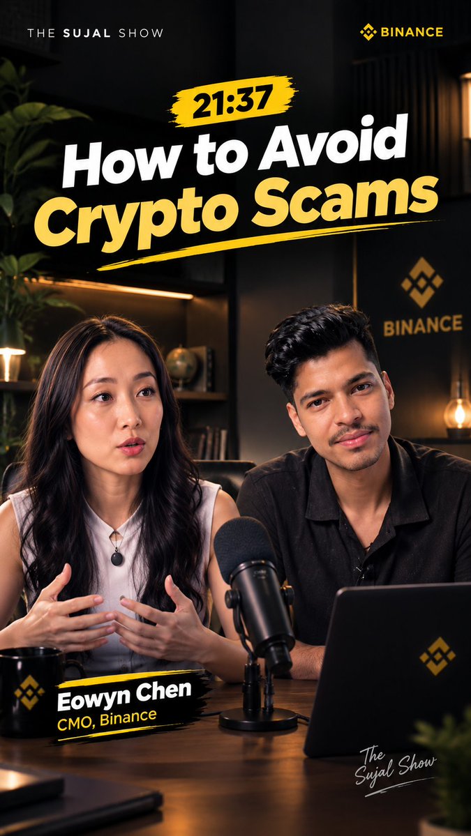 A podcast thumbnail for 'The Sujal Show' featuring Eowyn Chen (CMO, Binance) and a male host, with text reading 'How to Avoid Crypto Scams' and a timestamp of 21:37.