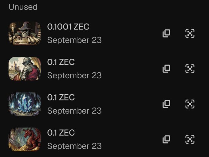A digital wallet showing unused Zcash (ZEC) items with amounts of 0.1001 ZEC and 0.1 ZEC dated September 23.