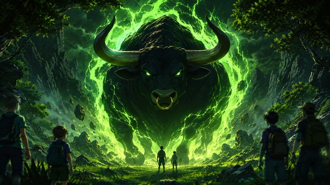 A massive, glowing green spectral bull with fiery horns emerges from a mystical forest, confronting a group of small onlookers. The image visually echoes the "bulls" reference in the post, symbolizing bullish market momentum tied to the ticker $ANSEM.
