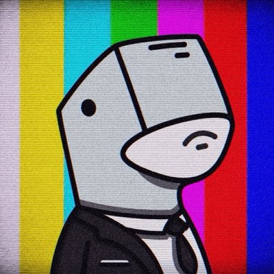 A cartoon drawing of a character with a gray rectangular head, wearing a black suit and tie, set against a colorful striped background.