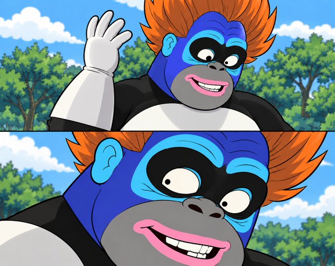A two-panel cartoon illustration of a blue-faced, orange-haired gorilla-like superhero character waving with a wide, goofy grin against a blue sky with green trees.