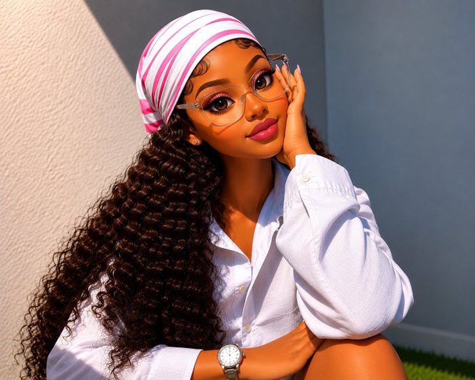 A stylish woman with long curly hair, wearing a pink and white striped headscarf, glasses, a white button-up shirt, and a watch, posing in the sunlight.
