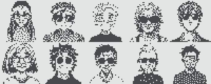 A grid of ten pixel-art portraits in black and white, each depicting different characters wearing sunglasses with varying hairstyles and outfits. The image relates to the post by illustrating the "signs" mentioned—stylized pixelated portraits resembling stock/avatar art that hint at a crypto or NFT project called "Pixel Market."