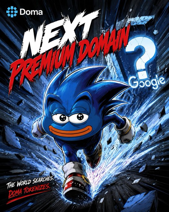 Meme-style promotional graphic featuring a blue Sonic-like character with the text 'Doma NEXT PREMIUM DOMAIN', a question mark labeled 'Googie', and the tagline 'THE WORLD SEARCHES. DOMA TOKENIZES.'