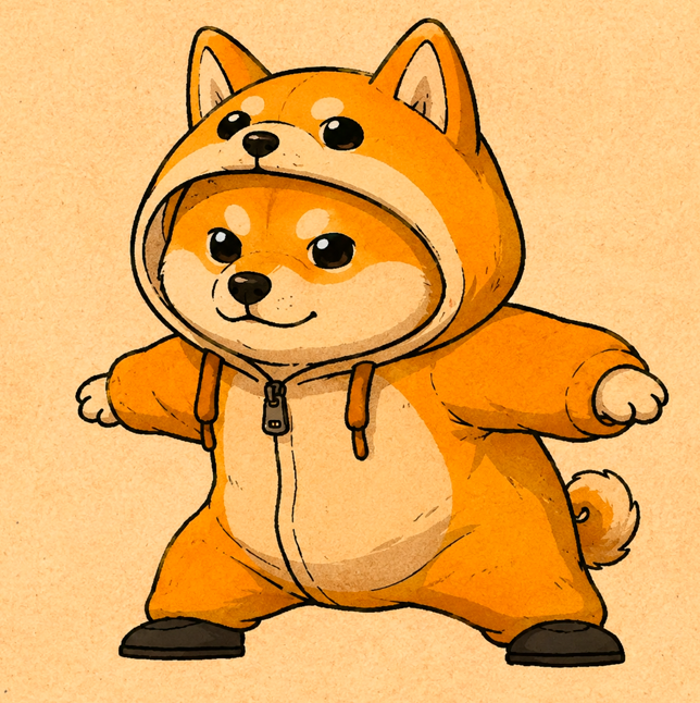 Chibi-style illustration of an adorable Shiba Inu dog wearing an orange fox-themed hoodie with ears, standing against a beige background.