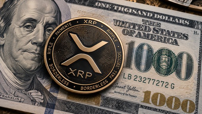 A gold XRP cryptocurrency coin rests on top of a US one thousand dollar bill featuring Benjamin Franklin.