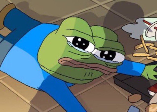 Close-up of Pepe the Frog character from a cartoon, looking up with sad glossy eyes while lying on a tiled floor next to spilled food and fries.