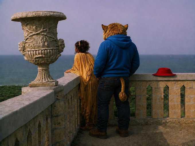A surreal artwork showing a person in a yellow robe and a person in a blue hoodie wearing a horse mask with a tail, standing at a stone balcony overlooking the ocean with a red hat placed on the railing.