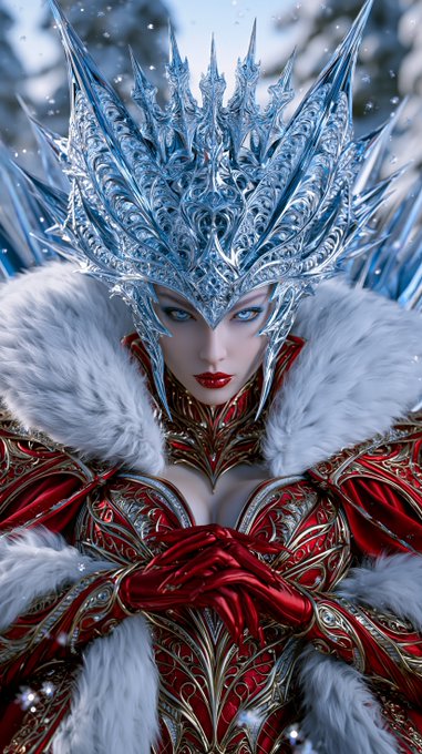 A highly detailed fantasy illustration shows a woman with blue eyes wearing an elaborate, spiky ice crown, a red and silver ornate outfit, and white fur, with a snowy forest background.