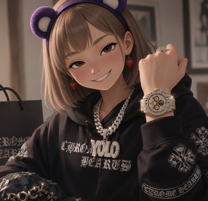 An anime-style illustration of a girl with short brown hair wearing purple bear ear headbands, strawberry earrings, and a black 'CHROME HEARTS' hoodie, showing off a diamond-encrusted gold watch.