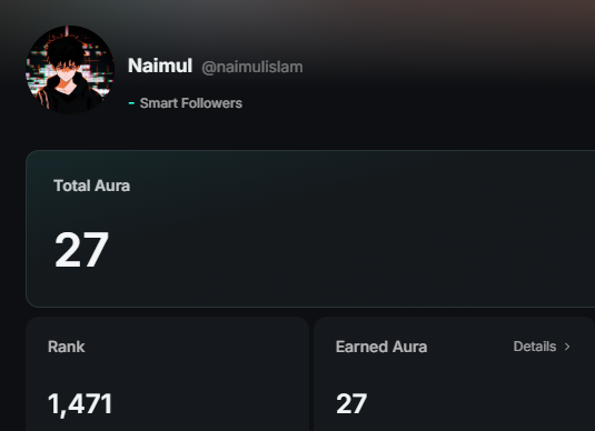 A dark-themed profile dashboard for user 'Naimul' (@naimulislam) labeled 'Smart Followers,' displaying a Total Aura of 27, a Rank of 1,471, and Earned Aura of 27.