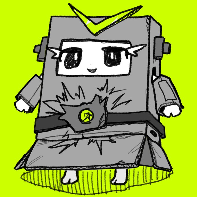 A hand-drawn illustration of a boxy robot character with an antenna, displaying a glowing emblem on its chest against a bright green background.