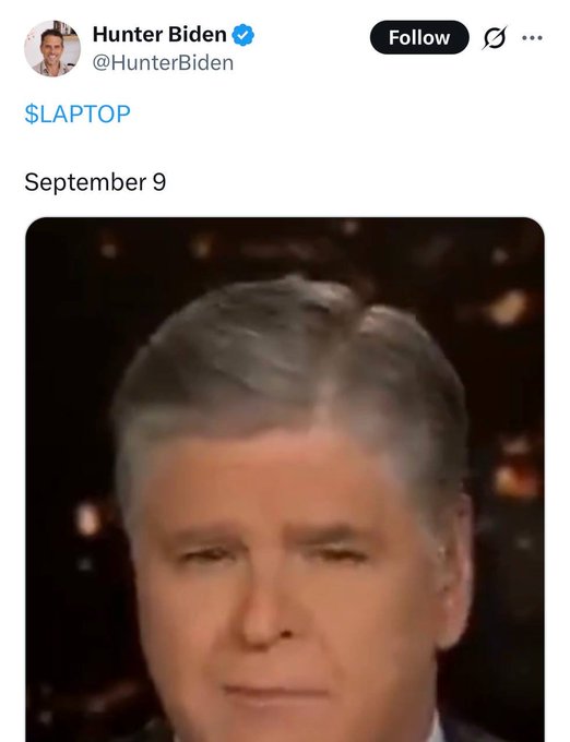 A verified X (formerly Twitter) post from Hunter Biden (@HunterBiden) reads "$LAPTOP" above an image of Fox News host Sean Hannity, seemingly referencing the viral speculation of a meme coin based on the infamous Hunter Biden laptop controversy. The post plays on crypto culture's tendency to create tokens based on political events and internet lore, with the accompanying commentary mocking how markets have shifted from fundamentals to pure meme-driven speculation.
