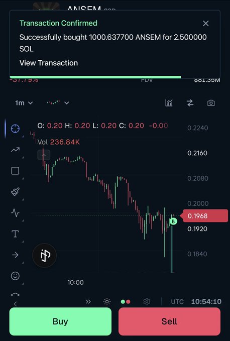A TradingView chart shows a confirmed transaction buying 1,000.637700 ANSEM tokens for 2.500000 SOL, with the current price at 0.1968, likely shared as proof of a recent purchase to promote a $SOL airdrop giveaway where users are asked to follow and comment their wallet addresses.