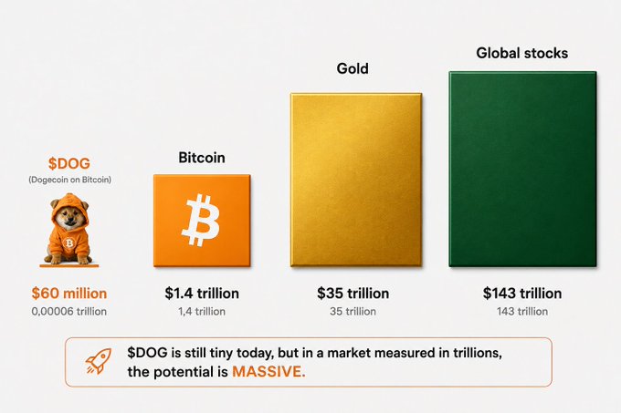 Market cap comparison infographic showing $DOG (Dogecoin on Bitcoin) at $60 million, Bitcoin at $1.4 trillion, Gold at $35 trillion, and Global stocks at $143 trillion, with text noting $DOG's massive potential.