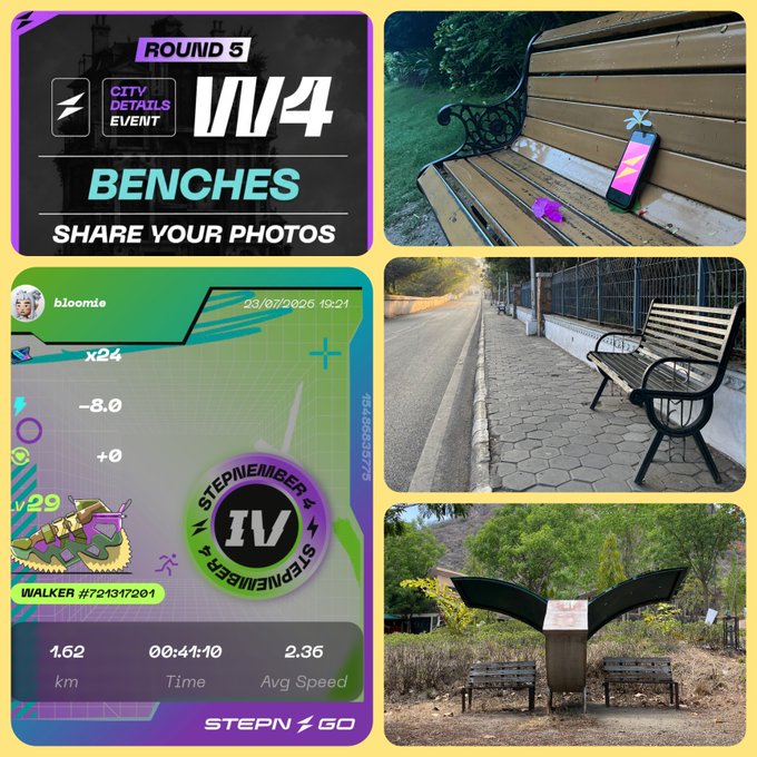 A collage for STEP'N GO's Round 5 event titled '1V4 BENCHES,' featuring a 'StepRunner' card from user 'bloomie' with stats (1.62km, 00:41:10, 2.36 avg speed) and three photos of real-life benches.
