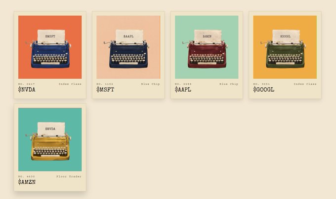 A graphic displays five vintage typewriters, each color-matched to a major stock ticker: NVDA (Index Class, 2417), MSFT (Blue Chip, 1103), AAPL (Blue Chip, 2286), GOOGL (Index Class, 3051), and AMZN (Floor Trader, 4630).