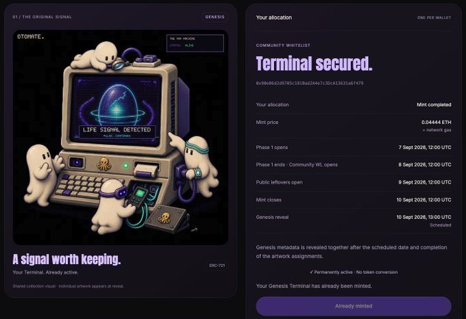 The image shows a two-panel mint confirmation screen for the "Otomate Genesis" project, featuring a stylized illustration of ghost-like creatures around a vintage computer displaying "LIFE SIGNAL DETECTED" with the tagline "A signal worth keeping." The right panel confirms "Terminal secured" with "Your allocation: Mint completed" at a mint price of 0.04444 ETH (+ network gas), listing the Phase 1 timeline including Public leftovers open on 9 Sept 2026 and Mint closes on 10 Sept 2026—directly matching the user's post about successfully minting their 404 Machine via otomate.fun/mint.