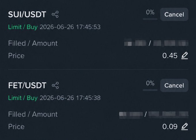 A cryptocurrency trading interface displays two unfilled limit buy orders: SUI/USDT at $0.45 and FET/USDT at $0.09, both showing 0% completion with cancel options. The screenshot visually confirms the Arabic post announcing these specific buy orders for $FET and $SUI at the stated prices.