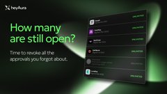 This image promotes Hey Aura's ability to help users manage and revoke forgotten DeFi transaction approvals, with the text "How many are still open?" and "Time to revoke all the approvals you forgot about." The post elaborates on how the app has helped the user revoke over 15 transactions.