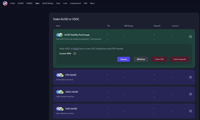 Screenshot of a cryptocurrency staking interface showing options to stake fUSDC or USDC, with pools including fUSDC Stability Pool Gauge, ETH+fUSDC, USDC+fUSDC, and GHO+fUSDC, along with Deposit and Withdraw buttons.