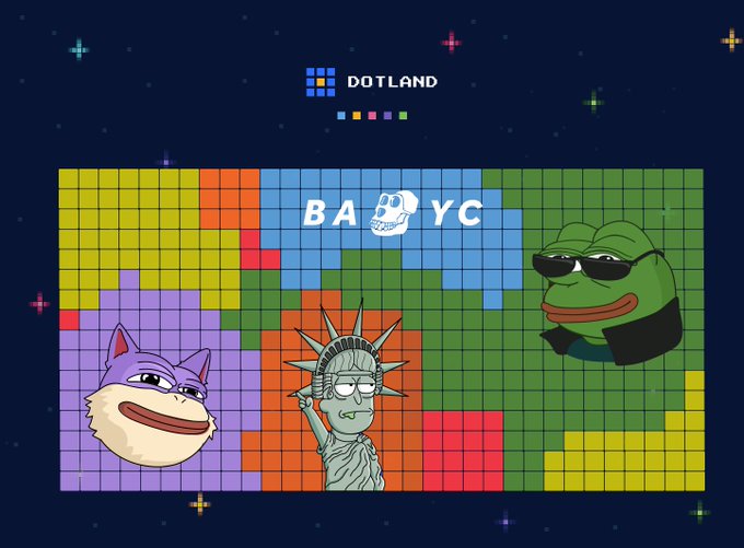 A dark, starry background displays the "DOTLAND" logo above a pixelated map divided into colored squares, featuring "BAYC" text with an ape skull, alongside cartoon ape, Statue of Liberty, and Pepe the Frog characters wearing sunglasses. The image visually represents the "Dotland" territory-claiming concept described in the post, showing a blank grid being filled with iconic NFT and meme characters competing for land.