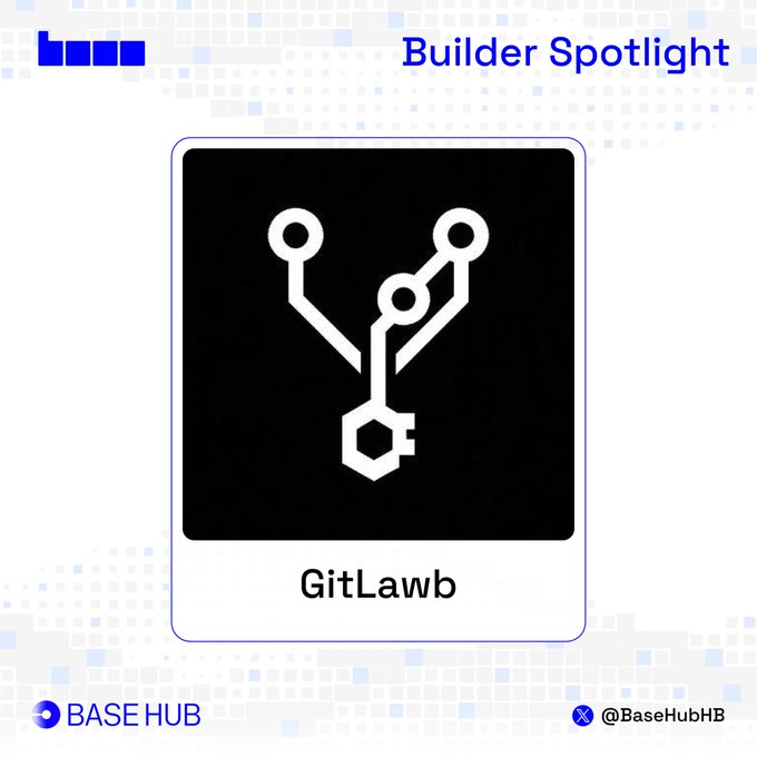 A 'Builder Spotlight' graphic from Base Hub featuring the GitLawb logo, a white stylized Y-shaped icon with a hexagon at the bottom on a black background, with the Base Hub logo and @BaseHubHB handle.