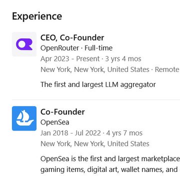 This image displays a professional experience section from a LinkedIn-style profile, showing Alex Atallah as the Co-Founder of OpenSea (2018–2022) and CEO/Co-Founder of OpenRouter (2023–Present). The profile details his transition from a major NFT marketplace to the current "first and largest LLM aggregator," providing context for the post's claims about his career moves and OpenRouter's potential acquisition.