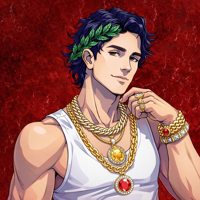 An anime-style illustration depicts a handsome young man with dark blue hair wearing a green laurel wreath crown, a white tank top, and multiple gold chains and rings with red gems against a textured red background.